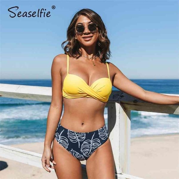 Seaselfie Push Up Alto Cintura Biquini Conjuntos Mulheres Sexy Amarelo e Palma Impressão Dois Peças Swimsuits Beach Natação Terno 210630