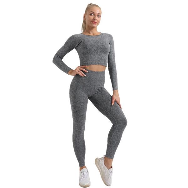 

2021 selling yoga 2-piece set new seamless knitted hip yoga suit sports fitness suit long sleeve tight fit set women, White;red