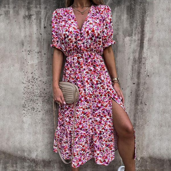 

summer v neck button womens dresses split long gorgeous floral print party spring short sleeve a line maxi, Black;gray