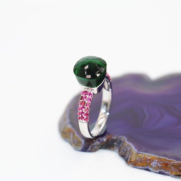 

wedding rings 2021 fashion summer stlye jewelry of dark green crystal with red zircon 18k white gold plated ring for festival gift, Slivery;golden