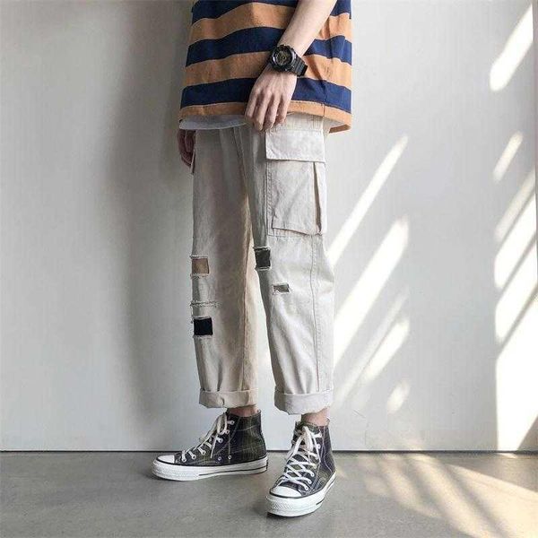 

men's pants pockets cargo men letter embroidery hip hop harem joggers color patchwork track trousers man skateboard streetwear, Black