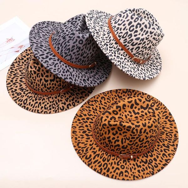 

wide brim hats vintage leopard print woolen winter hat panama wool fedora with belt buckle, Blue;gray