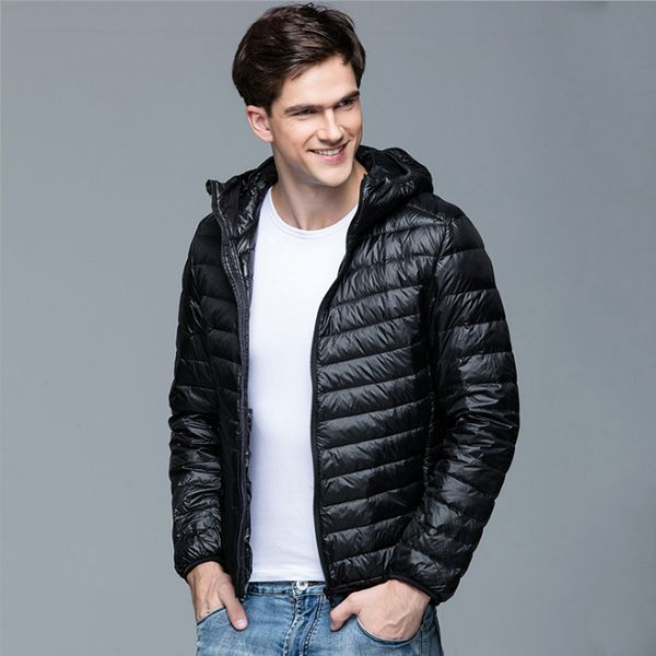 

designer men winter coat fashion hooded 90% white duck down jackets plus size ultralight down coat portable slim down parkas 5xl, Black