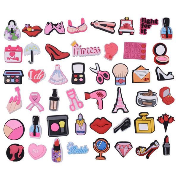 

wholesale custom 1 piece pvc make up tools lips bags shoe charms for croc jibz fashion girls shoe buckles bracelet decoration, White;pink