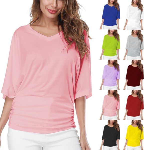 

women's blouses & shirts plus size womens and women fashion solid color v-neck blouse batwing sleeve blusas mujer de moda 2021, White