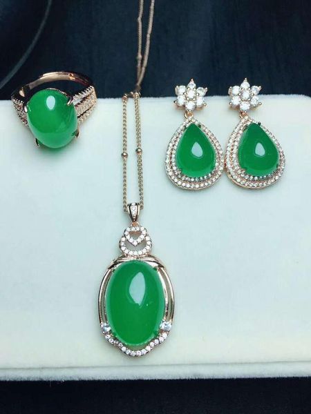 

bracelet, earrings & necklace c78#925 silver inlaid natural chalcedony set, the jade face is clean and translucent, Black
