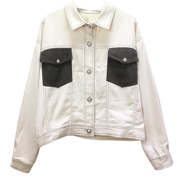 PERHAPS U Femmes Beige Denim Veste Hit Couleur Poche Manches Longues Col Rabattu Jean Manteau C0175 210529