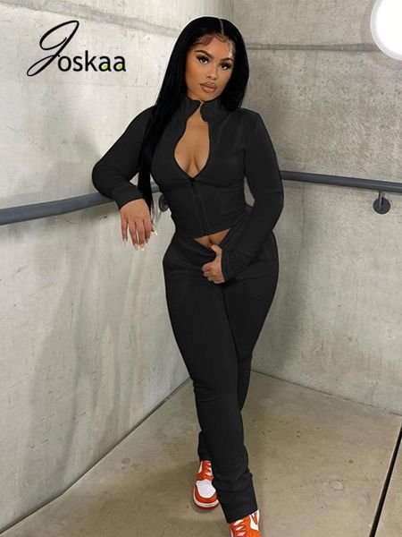 

women's two piece pants joskaa casual 2 set women long sleeve zipper crop pockets straight matching sets autumn 2021fitness tracksuits, White