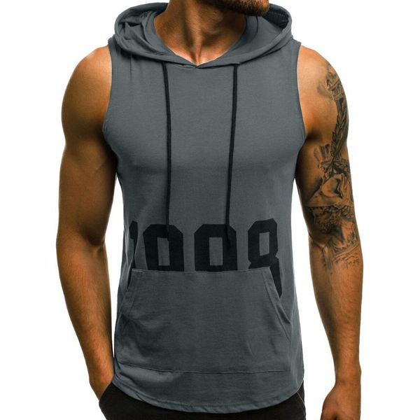 

men's t-shirts sports tank men fitness muscle print sleeveless hooded bodybuilding pocket tight-drying summer tshirt for clothing, White;black