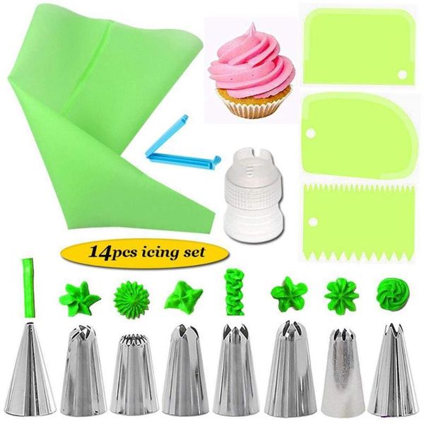 

baking & pastry tools 14pc silicone kitchen accessories icing piping cream bag with 8 stainless steel nozzle diy cake decorating tips set