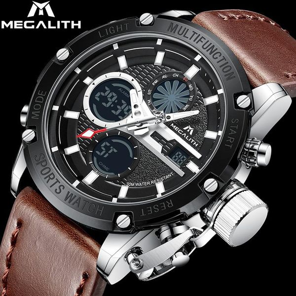 

wristwatches megalith sport watches mens luminous quartz wristwatch men waterproof chronograph clock relogio masculino 8236, Slivery;brown