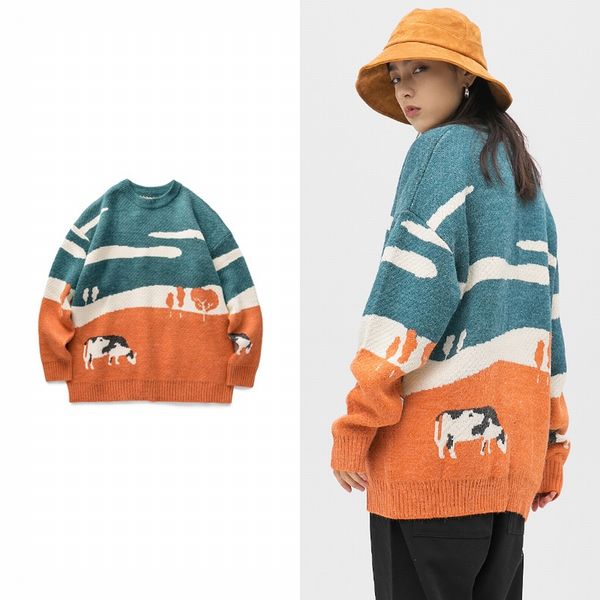 

tsingyi vintage cow sweater women men autumn winter cartoon splice pollover o-neck knitted streetwear hip hop harajuku clothes 210218, White;black