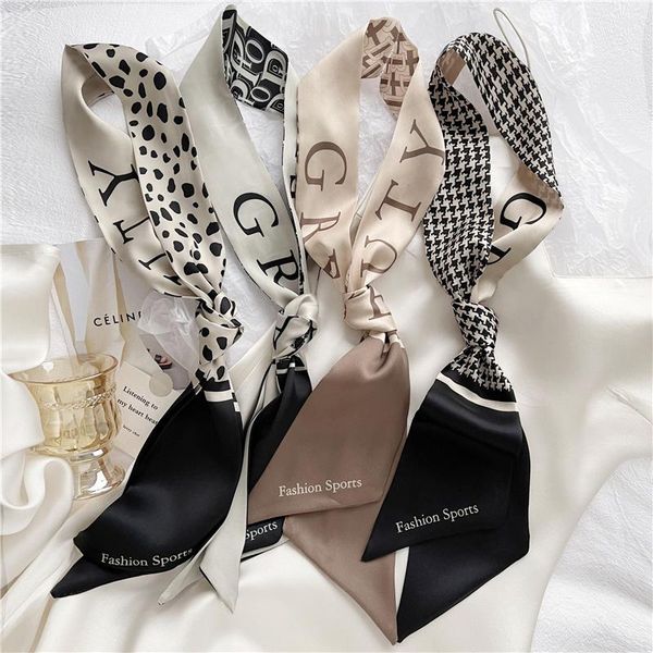 

scarves &dolphin women long silk feeling scarf 150x6cm chiffon leopard striped houndstooth printed bag ribbon headbands suit choker, Blue;gray