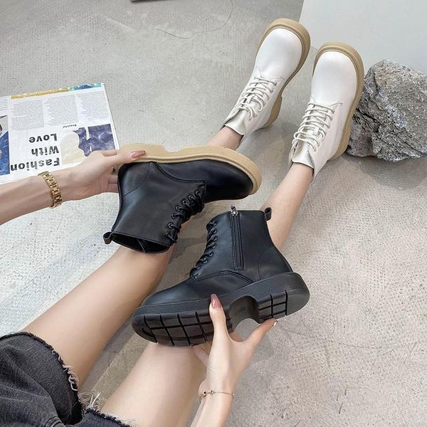 

boots nice soft pu leather ankle women platform motorcycle booties female autumn winter shoes woman goth thick with short, Black
