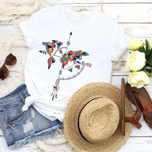 

women graphic vintage world cute adventure compass lady 90s fashion tees print t shirt clothing female shirt womens t-shirt, White
