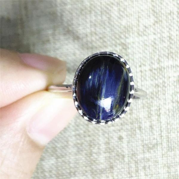 

cluster rings namibia natural pietersite blue 14x12mm adjustable ring chatoyant round 925 sterling silver, Golden;silver