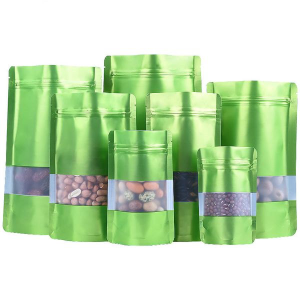 100pcs Doypack Matte Green Window Zip Lock Foglio di alluminio Borsa Stand up Richiudibile Carne Caffè in polvere Snack Frutta a guscio Natale Regali di nozze Sacchetti per imballaggio termosaldanti