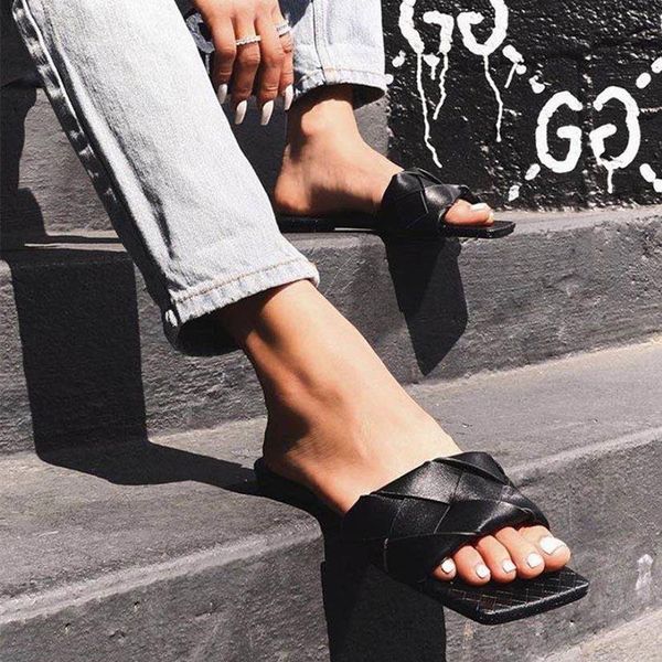 

sandals women fashion weave summer luxury shoes slip on female sandal casual flat beach lady slipper plus size, Black