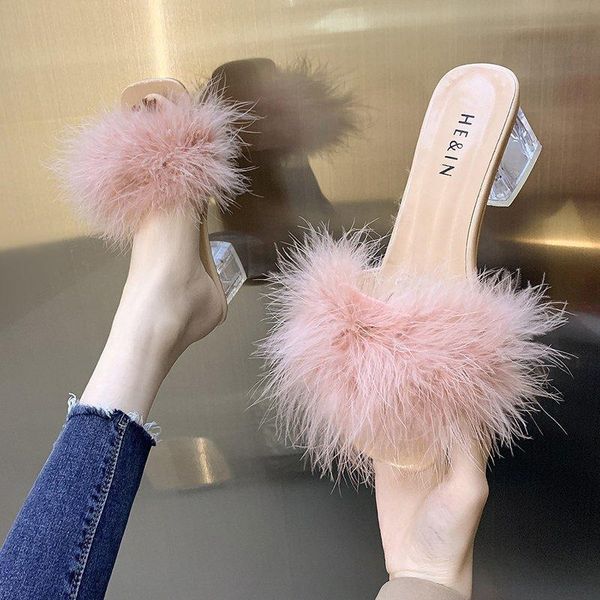 

slippers 2021 woman shoes transparent crystal high heels feather fur pumps women peep toe lady cute plush, Black