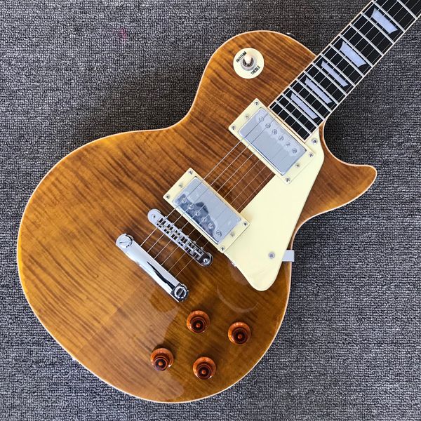 

lp electric guitar, rosewood fingerboard, one piece of body and neck, frets binding, tune-o-matic bridge, chrome hardware, flame maple soli