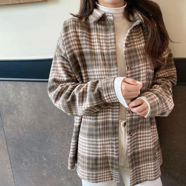 

autumn and winter thick korean brushed plaid women's design niche long sleeve shirt loose retro female blouse udkn, Black;gray
