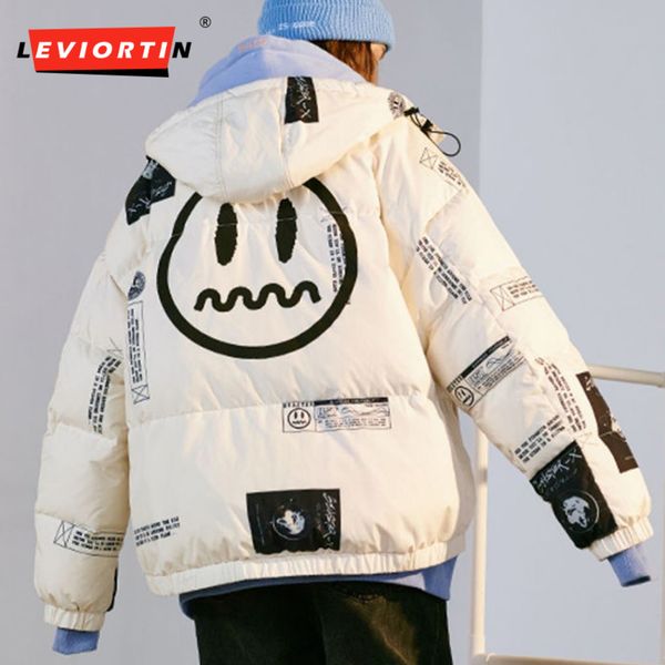 

white duck down et for men women, thick loose cloth printed with little devil smile, hip-hop and winter letters, Black
