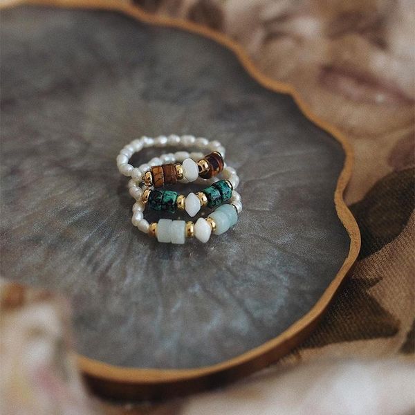 

wedding rings ins vintage freshwater pearl for women fashion bohemian natural stone ring girls crystal party jewelry adjustable, Slivery;golden