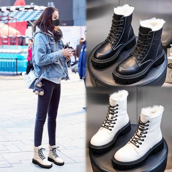 

real wool leather martin boots autumn winter 2021 knight short chilen's plush women's shoes trend, Black