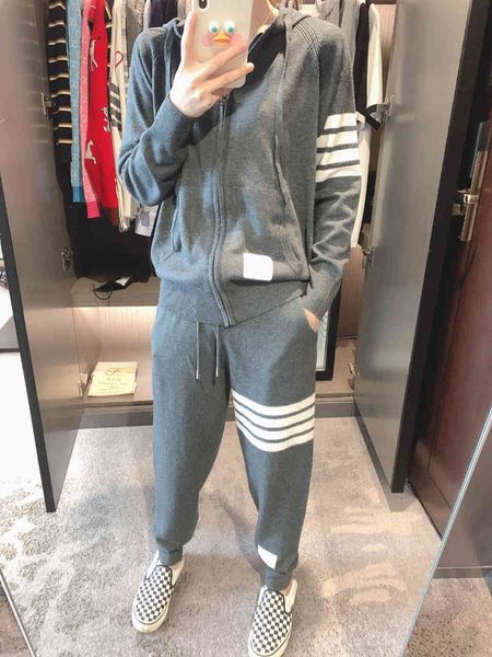 

1299 hat set tb wool knitted four bar hooded zipper sweater harlan pants set, White;black