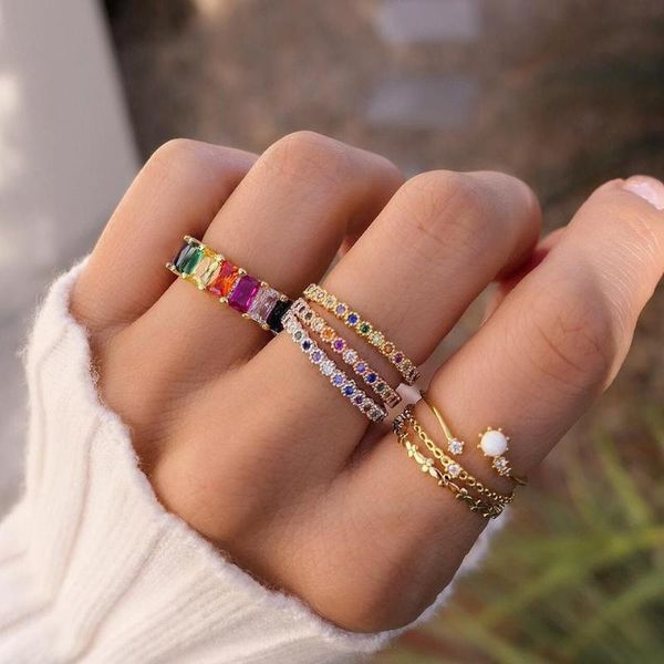

wedding rings thin baguette t ring brand engagement handmade rainbow cz stone for women fashion finger elegant gold color, Slivery;golden