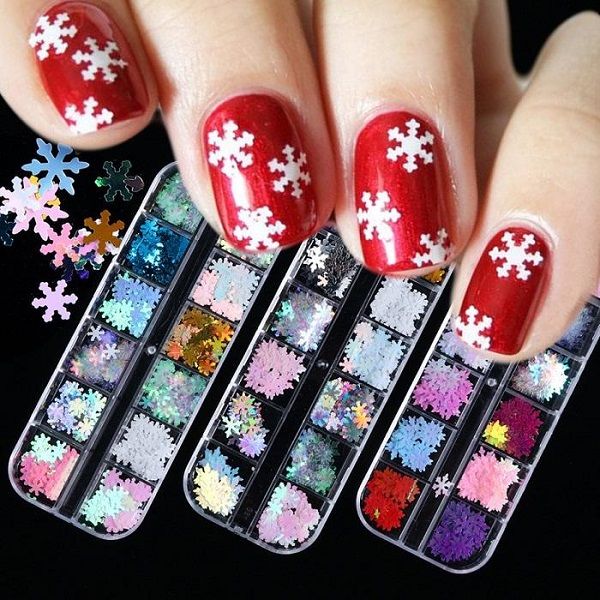 Pressione na unha Falske Nails Art Decoração em Natal 12 Grade Laser Snowflake Caixa de folha de folha de inverno 50 define uma configuração de arte de lote