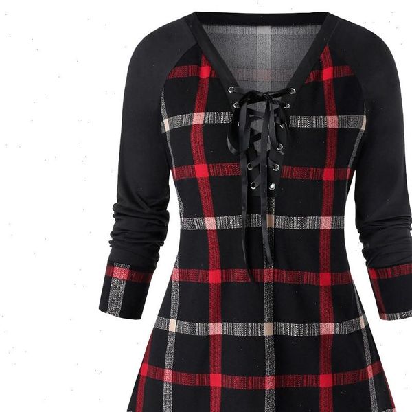 

fashion plaid lace up tunic blouse plus size casual winter ladies bottom female long sleeve shirt blusas pullover, White