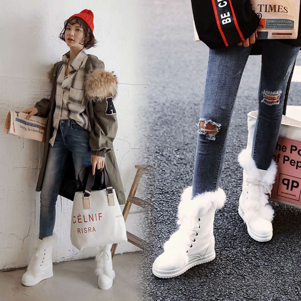 

designer soled 19 lace new front snow thick rabbit hair women's boots, White;red