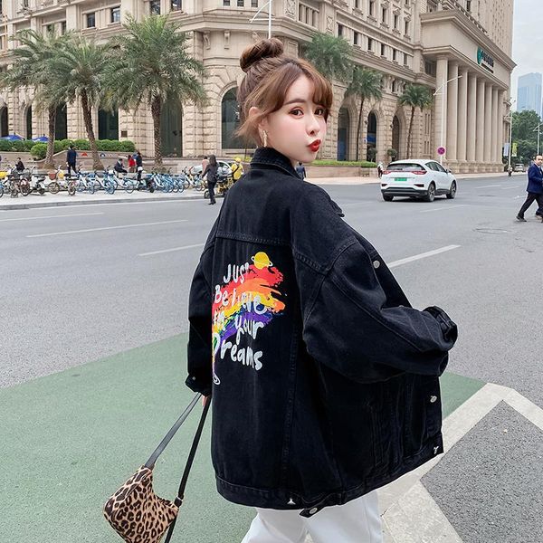 

women's jackets streetwear rainbow print women denim jacket coat bf jeans outwear female spring autumn casual loose cowboy harajuku top, Black;brown