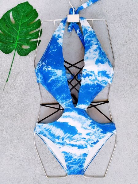 

one piece women swimsuit push up female suit swimwear for indoor 2021 swim wear new rope order print design waves cloud, White;black