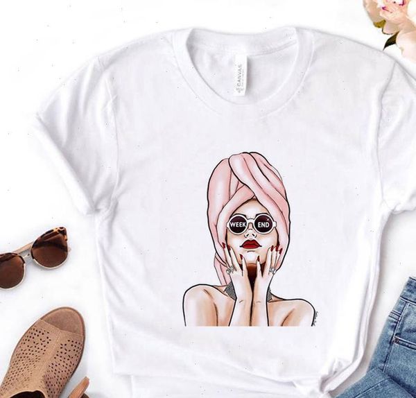 

women t shirt weekend girl print tshirt women short sleeve o neck loose t shirt ladies causal tee shirt clothes, White