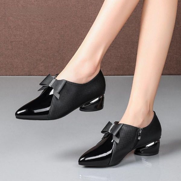 

dress shoes 2021 pumps women buckle-knot mid heels spring autumn patent leather comfort women's pointed office work zipper, Black