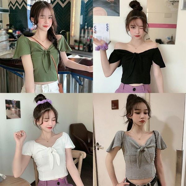 

women's t-shirt korean style summer slim bowknot solid color v neck women tee short sleeve all match cotton tees, White