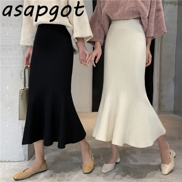

asapgot fall winter korean chic ruffles slim high waist mermaid skirts women wild solid wrap hip knitted trumpet skirt faldas 210303, Black