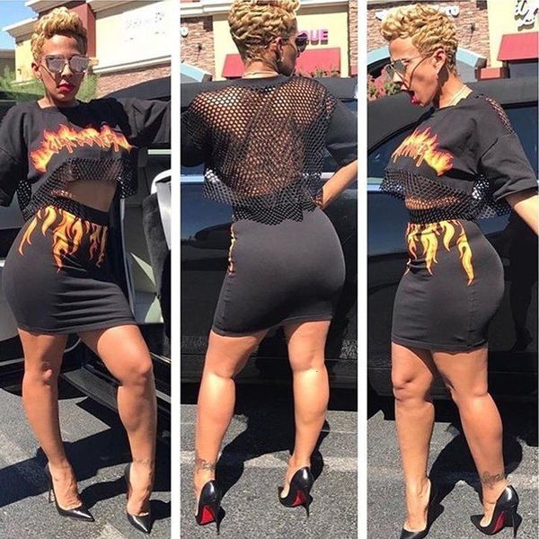 

2 piece set women fire flame print crop t shirt and skirt set outfits high waist suit mesh hollow out, Gray