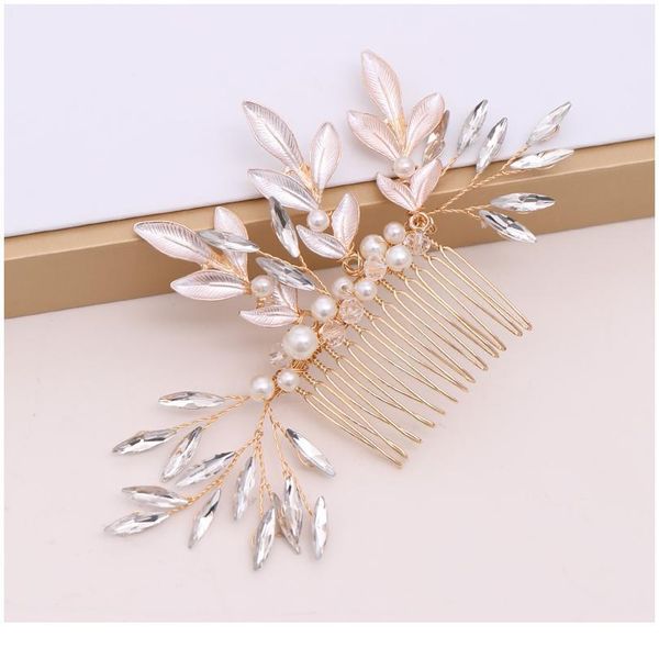

trendy gold pearl comb handmade crystal leaf hair combs wedding hair accessories tiaras bridal women hair jewelry head o jllnjh, Silver