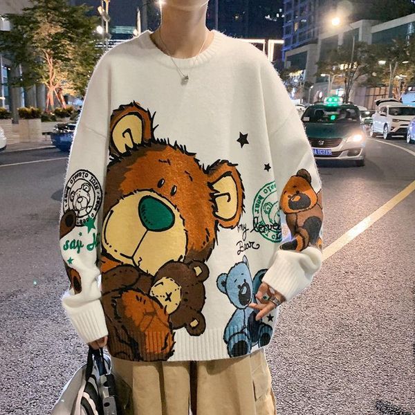 

men's sweaters cartoon bear sweater spring and autumn style loose japanese fashion retro round neck pullover, White;black