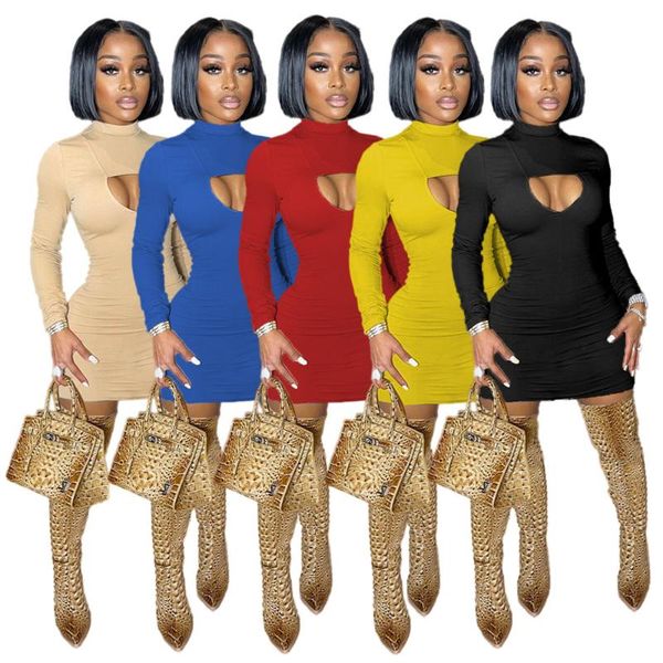 

casual dresses clubwear women hollow out dress selling o-neck full sleeve high waist bodycon mini solid color 2021 autumn, Black;gray