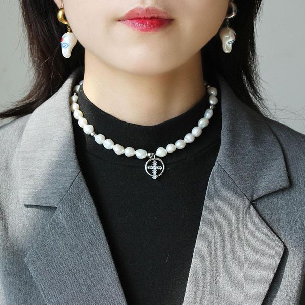 

2021 new trend fresh water balote pearl silver necklace cross pendant collar chain goth boho designer trendy