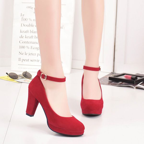 

autumn womens pumps flock sweet woman thick high heels ankle strap flock female platform mary jane women shoes ladies footweardress shoes, Black