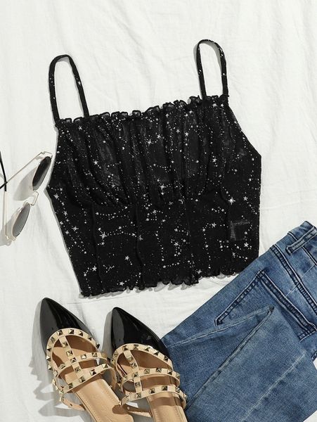 

glitter mesh crop cami 89cy#, White
