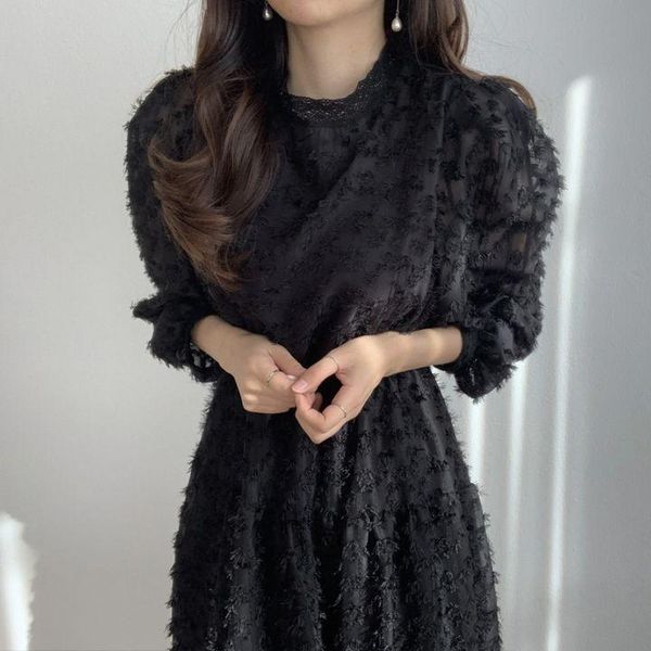 

coigarsam office lady full sleeve women dress spring lace solid tassel o-neck high waist dresses white black 0188, Black;gray