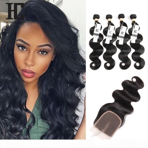 

hc hair brazilian body wave virgin hair weaves 4 bundles with lace closure unprocessed brazilian malaysian peruvian indian remy human hair, Black