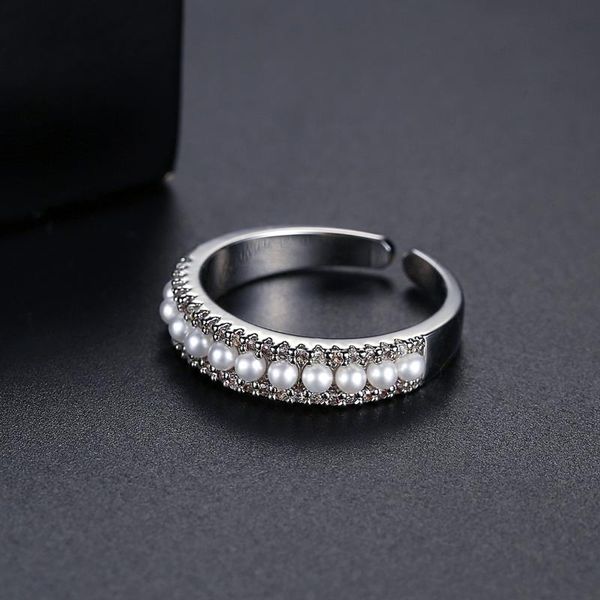 

wedding rings charm silver color white pearl ring cute female luxury crystal stone for women dainty bridal open engagement, Slivery;golden