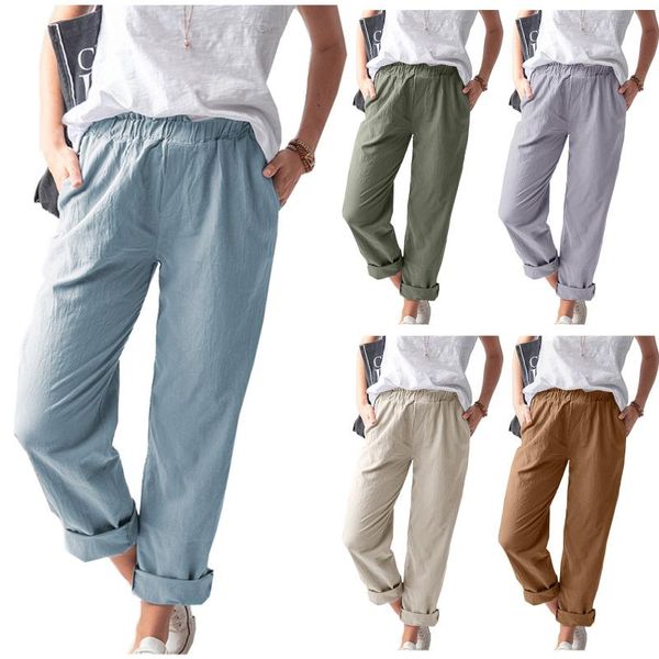 

women's pants & capris korean elastic waist ankle trousers mujer women tightness cotton linen pocket casual clothes straight overalls, Black;white